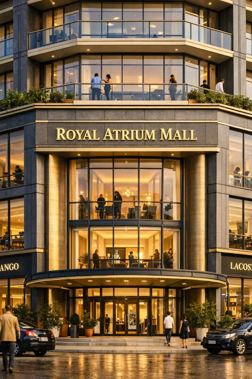 Illuminated main entrance of Royal Atrium Mall