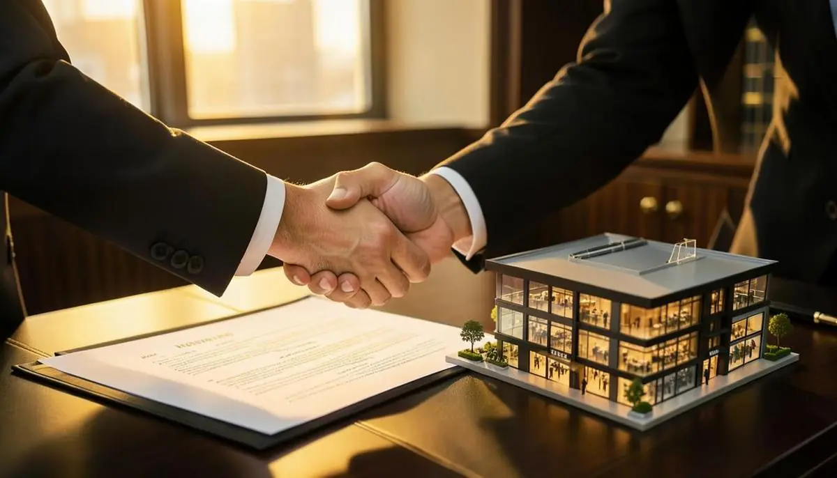 Business handshake over commercial property investment documents in Pakistan