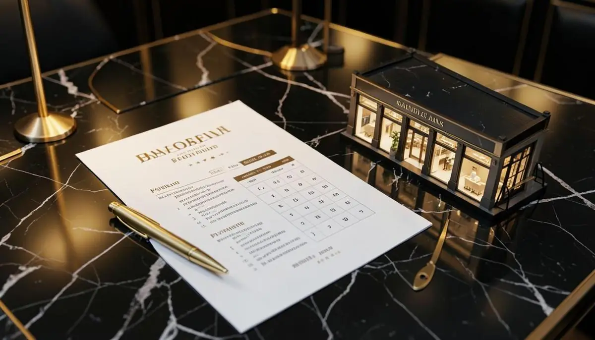Payment plan document and model of Royal Atrium Mall on a desk
