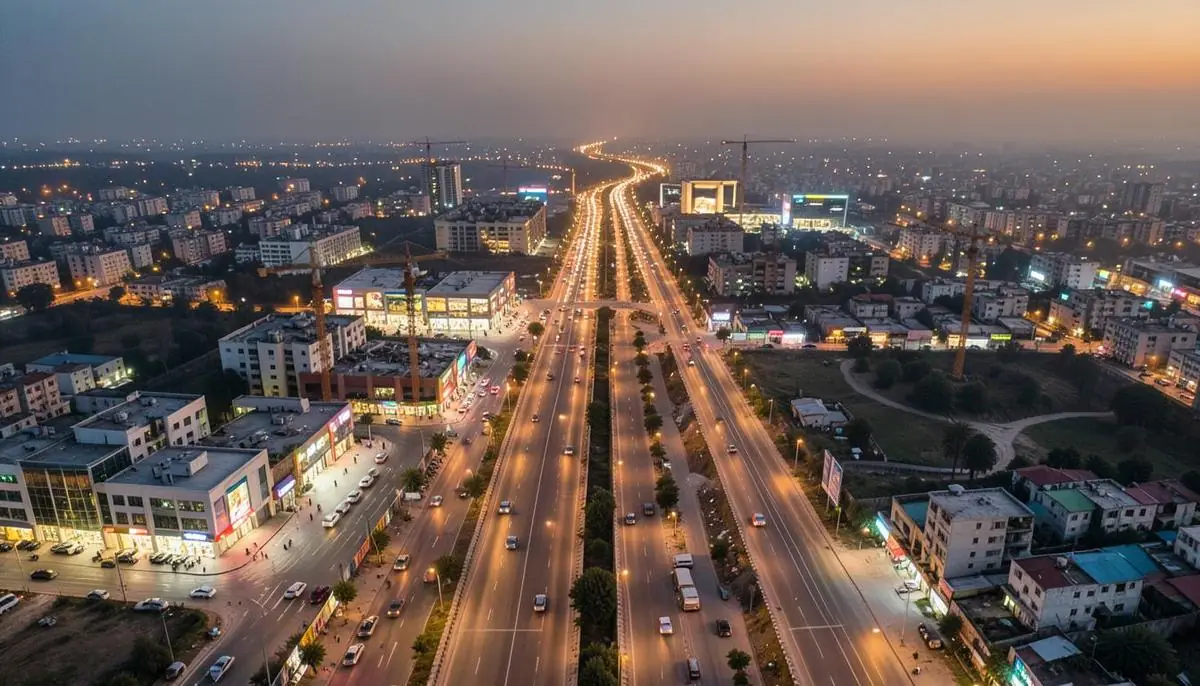 Aerial evening view of the Raiwind Road development corridor in Lahore